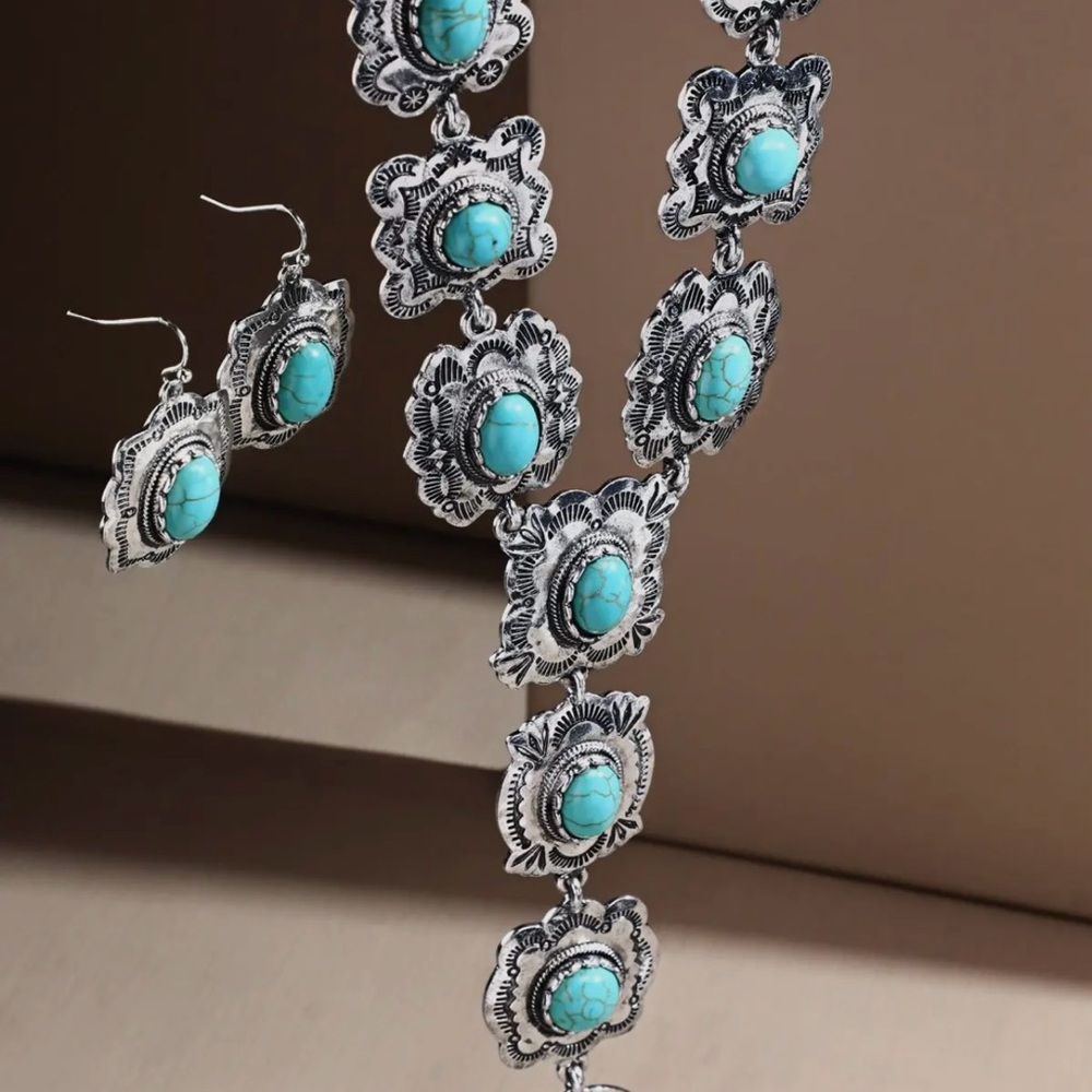 Concho Y Drop Western Design Turquoise and Silver Necklace NWT - Picture 5 of 6